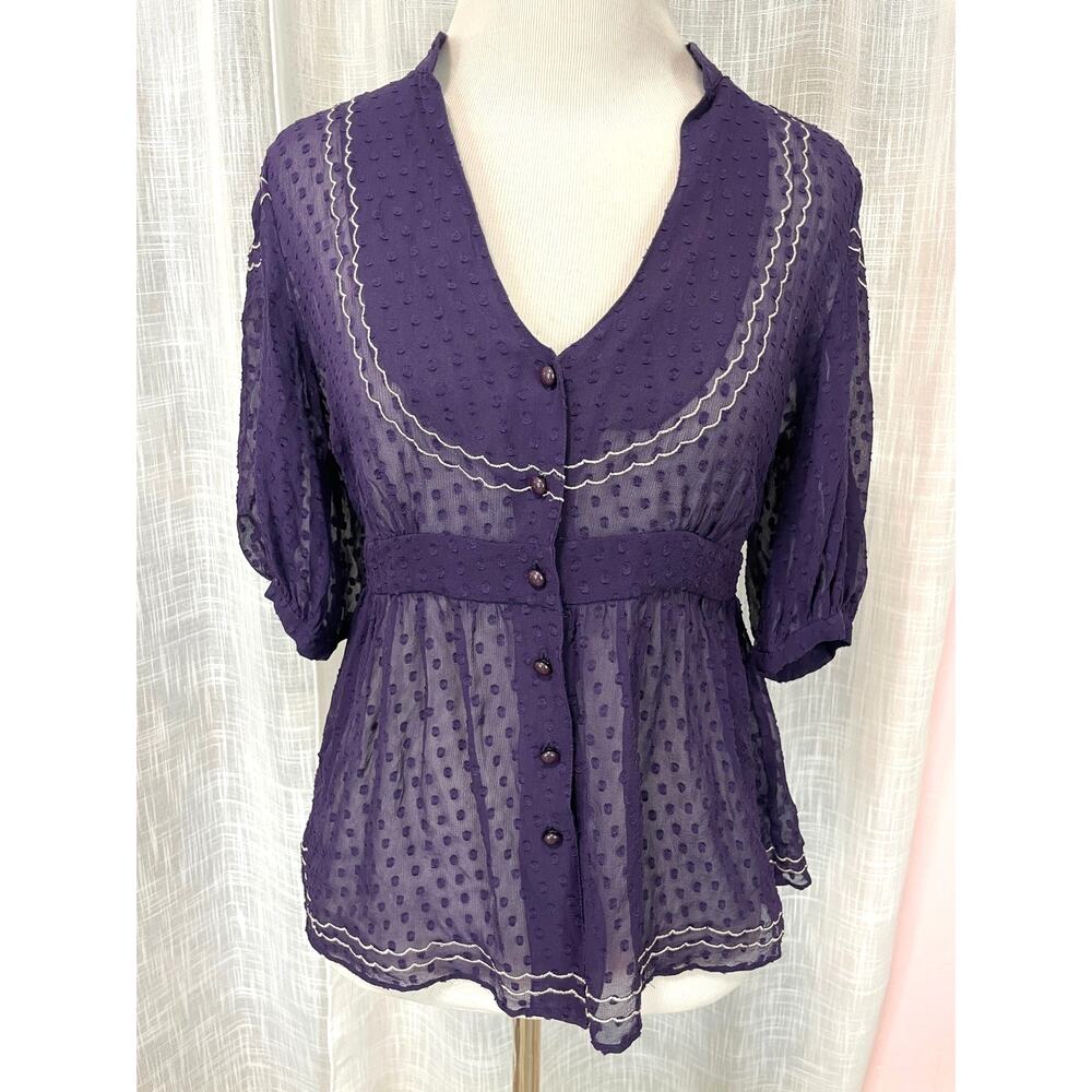 Maeve Womens Silk Blouse 6 Purple Puff Sleeve Sheer Bow Whimsigoth Dark Fairy